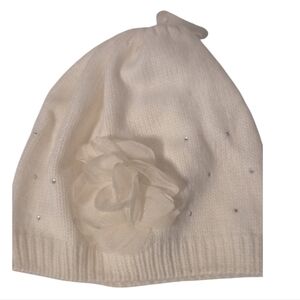 The Childrens Place New Elegant White Knit Beanie with Floral Rhinestone  Accent